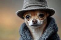 Stylish Chihuahua dog wearing gray fedora hat and knitted sweater looking at camera with expressive eyes against blurred autumn background.