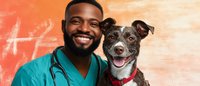 Smiling veterinarian in teal scrubs with stethoscope posing with happy mixed breed dog against orange textured wall, showcasing pet care and veterinary services.