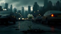 White flower growing through asphalt crack in urban street with blurred city skyline and traffic lights creating bokeh effect at dusk.