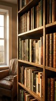 Cozy home library with wooden bookshelves filled with vintage books and comfortable reading chair by window for studying and relaxation.