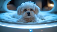 Adorable white Maltese puppy resting in modern pet bed with LED lighting, creating cozy atmosphere against dark background. Perfect for pet care advertising.