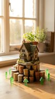 Miniature house model on stacks of coins with green arrows showing real estate investment growth and property value increase concept.