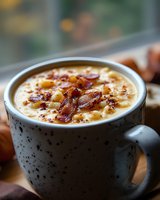 Creamy potato soup topped with crispy bacon bits and melted cheese in rustic speckled ceramic mug, warm comfort food photography with soft natural lighting.