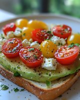Avocado toast topped with red and yellow cherry tomatoes, feta cheese, fresh herbs and black pepper on rustic bread. Fresh healthy breakfast or lunch meal.