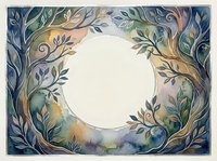 Watercolor floral frame with swirling branches and leaves in soft blue, green, and gold tones, featuring a round white copy space center.