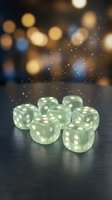 Translucent green dice with white dots arranged on dark surface with golden and blue bokeh lights in background, suitable for gaming, gambling, chance, luck, entertainment, and probability concepts.