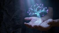 Hands holding glowing neon brain network with connected nodes, representing artificial intelligence, neural connections, and digital innovation for technology concepts.