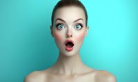 Young woman with shocked expression, wide eyes and open mouth against turquoise background. Dramatic makeup with rosy cheeks creates striking contrast for advertising campaigns.