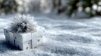 White gift box with silver bow sits in fresh snow creating festive winter holiday scene with sparkling frost and blurred evergreen background.