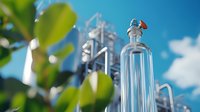 Glass laboratory bottle with rubber stopper against industrial chemical plant and blue sky with white clouds, green leaves in foreground, environmental concept.