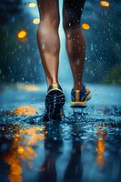 Runner's legs in athletic shoes splashing through puddles during rainy weather, with orange bokeh lights reflecting in water drops, creating dramatic mood.
