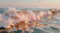Ocean waves crashing on shore with foamy white water and pink sunset light reflecting on sea surface creating peaceful coastal seascape for relaxation themes.
