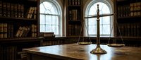 Vintage brass scales of justice on wooden desk in traditional law library with leather-bound books and arched windows for legal concepts and attorney services.