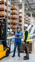 Two warehouse workers in safety gear discussing logistics near forklift in modern distribution center with high storage racks and cardboard boxes.
