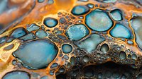 Abstract macro photography of blue and copper liquid bubbles forming artistic pattern with metallic texture and organic shapes.