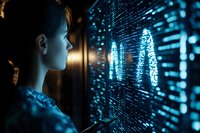 Young Asian woman looking at digital data visualization screen with glowing blue interface and binary code patterns in dark technological environment.