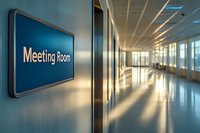Modern office corridor with blue meeting room sign on wall, sunlight streaming through windows creating dramatic shadows along empty hallway.