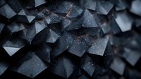 Dark geometric pyramids with glowing orange accents create abstract technological pattern, dramatic lighting highlights angular shapes against black background.