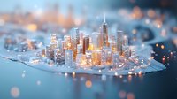 Glowing miniature cityscape with illuminated skyscrapers and waterfront on blue background with bokeh lights creating magical urban atmosphere.