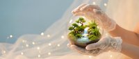Delicate lace-gloved hands holding a glass globe with a miniature green forest, waterfall, and trees inside, on a soft bokeh background.