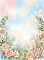 Watercolor floral frame with roses, daisies, and greenery on soft pastel background with moon and stars, isolated on white for invitations and designs.