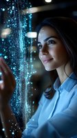 Young Mediterranean woman in blue shirt interacting with glowing digital particles, expressing wonder and innovation. Side profile with soft smile against dark background.