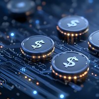 Digital currency coins with dollar symbols on circuit board background representing cryptocurrency, blockchain technology and electronic finance.