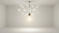 Modern pendant lamp illuminating white room with floating digital icons and symbols creating innovative smart home technology atmosphere.