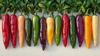 Fresh colorful chili peppers arranged in row with green leaves on white background, variety of hot peppers from mild to spicy showing natural gradient.