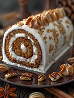 Pumpkin roll cake with cream cheese filling, topped with white frosting, caramel drizzle and pecans. Seasonal dessert photographed on dark background with spices.