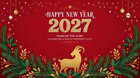 Festive red background with golden 2027 text, hanging ornaments, snowflakes, and decorative goat silhouette surrounded by green foliage and floral elements for holiday celebrations and new year greetings.