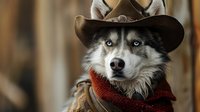 Gray and white husky dog wearing brown cowboy hat and red bandana scarf looking directly at camera with piercing blue eyes against rustic wooden background.