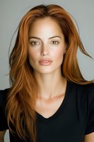 Young woman with flowing auburn hair wearing black v-neck top against neutral background, natural makeup and confident expression for beauty and fashion content.