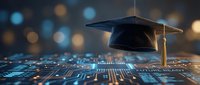 Graduation cap on digital circuit board with bokeh lights representing online education technology and academic achievement in modern learning.
