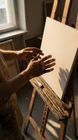 Senior artist hands reaching toward blank canvas on wooden easel in sunlit studio workspace for creative painting and artistic expression.