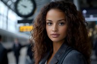 Young mixed-race businesswoman with curly hair at modern airport terminal, professional traveler ready for business trip or vacation journey.
