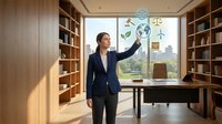 Professional businesswoman presenting ESG sustainability concepts with digital icons in modern office environment for corporate presentations.