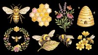 Honey bee collection with honeycomb, flowers, and beehive isolated on transparent background. Ready for t-shirt design, clipart, stickers, sublimation, and print-on-demand products.