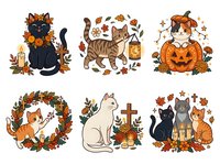 Isolated black cat with autumn leaves and lantern, tabby cat surrounded by fall foliage and botanical elements, and orange pumpkin with scattered leaves. Autumn cat wreath with orange feline and seasonal decorations, white cat with cross and fall flowers, and group of three cats in orange, black, and gray tones with pumpkins. Ready for clipart, t-shirt designs, and seasonal graphics.