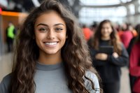 Young woman with long curly dark hair and bright smile wearing casual grey top standing in crowded public space, expressing joy and confidence. Natural lifestyle portrait.