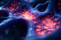 Microscopic view of glowing orange and red energy points contrasting against textured blue cellular structure, illustrating biological activity at molecular level.