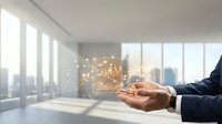 Business professional holding glowing digital network connections in modern office space representing technology innovation and connectivity solutions.