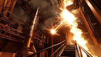 Dramatic industrial scene with molten metal pouring and sparks flying in steel manufacturing plant, showing intense metallurgical process with stairs and equipment.