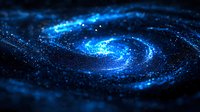 Luminous spiral galaxy formation in deep space with glowing blue stardust and cosmic particles creating mesmerizing astronomical phenomenon against dark background.