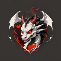 White dragon head with red horns and bat wings framed by heart shape on dark background, fantasy creature design for gaming and merchandise.