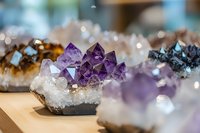 Collection of natural amethyst and quartz crystal specimens displayed on wooden surface for healing, meditation and spiritual wellness practices.