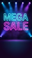 Neon mega sale sign with colorful stage lighting effects on dark background for retail promotion and marketing campaigns.