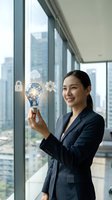 Asian businesswoman holding glowing lightbulb with digital icons in modern office representing innovation and technology solutions for corporate growth.