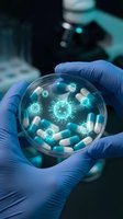 Scientist in blue latex gloves holding petri dish with antibiotic capsules and glowing virus cells for pharmaceutical research and medical development.