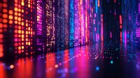 Vibrant digital matrix with glowing red and blue neon lights creating depth perspective. Futuristic technology background with bokeh effect and vertical light streams.